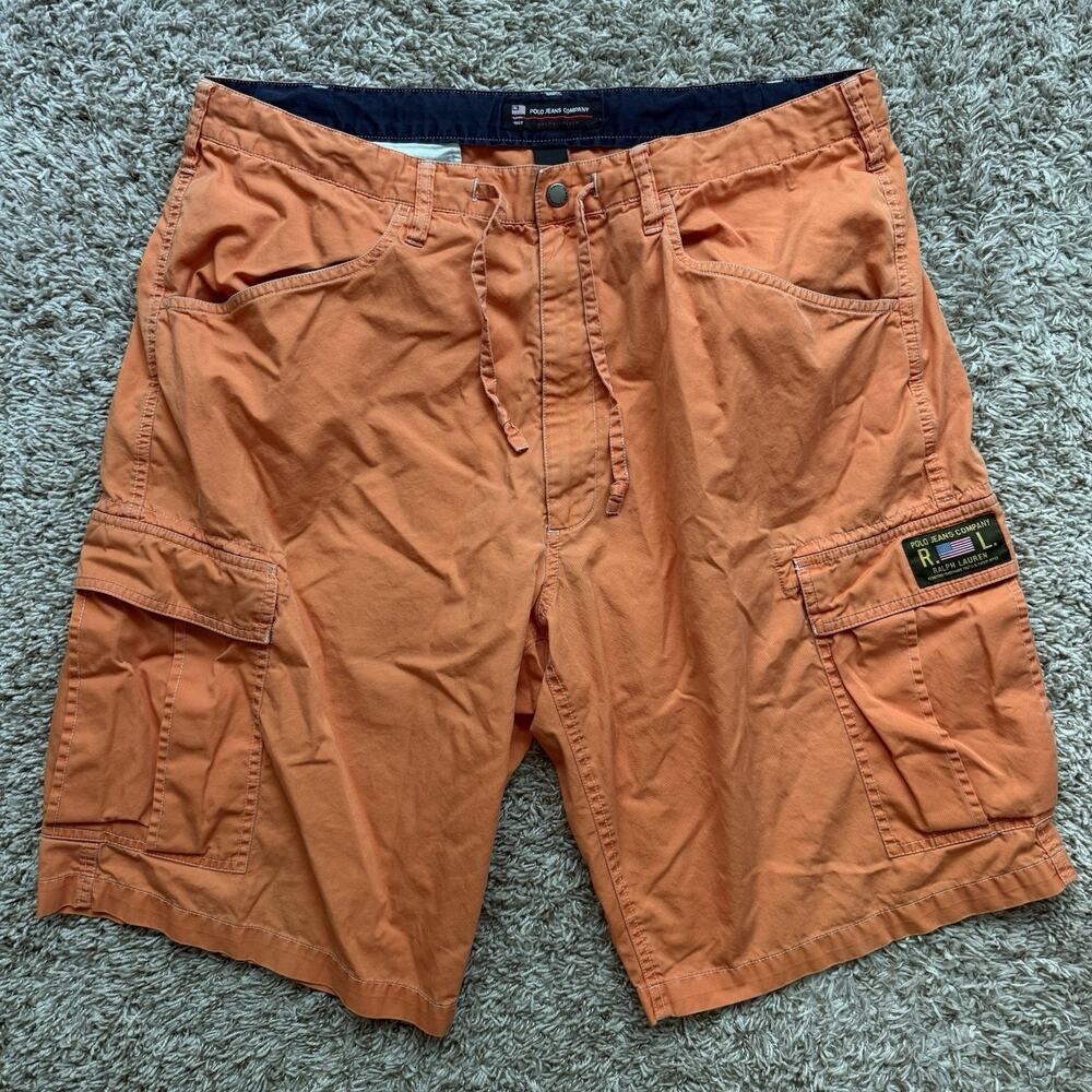 Vintage Y2K Polo Jeans Ralph Lauren Baggy Orange Cargo Shorts Mens Size 38 Waist
